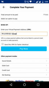 Select a source from which to add money. In this example we are using BHIM UPI.