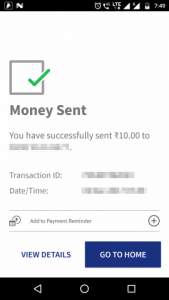 Successful payment to Aadhar number