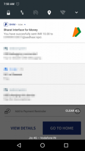 Push notification for successful payment to Aadhar