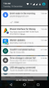The payee also gets two notifications. An SMS for receipt of payment. If the payee also has BHIM installed, then a push notification is also shown.
